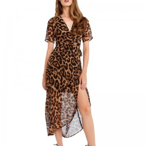 Hot sell lady fashion leopard print wrap lang kjole